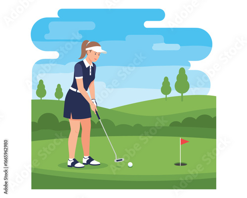 Teeing off with Precision: A female golfer focuses intently, poised to putt the ball with skill on a beautifully manicured golf course under a sunny sky, epitomizing focus and a serene atmosphere.