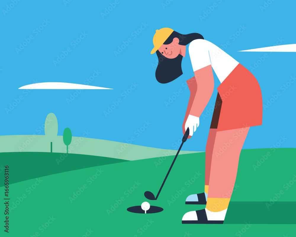 Obraz premium Golf Enthusiast's Precise Swing: An artistic illustration showcases a golfer in action, meticulously lining up a putt on a verdant course, capturing the essence of concentration and precision.