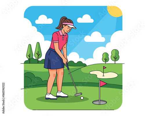Golfing in the sun: An illustration captures a golfer's focused moment, poised to putt the ball into the hole on a picturesque course bathed in sunlight.
