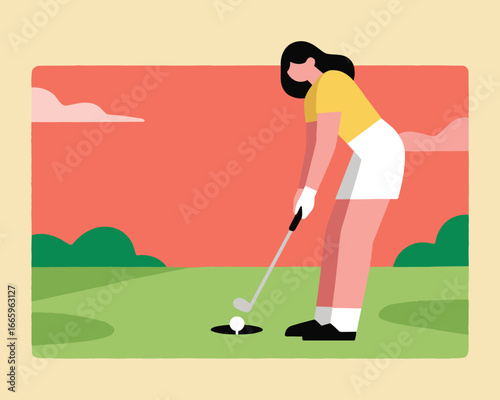 Golfing Grace: An illustration of a woman focused on her putt, showcasing elegance and precision on the green.