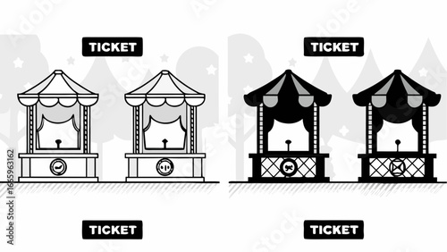 Illustration showcasing two ticket booths in contrasting styles against a park backdrop scene design