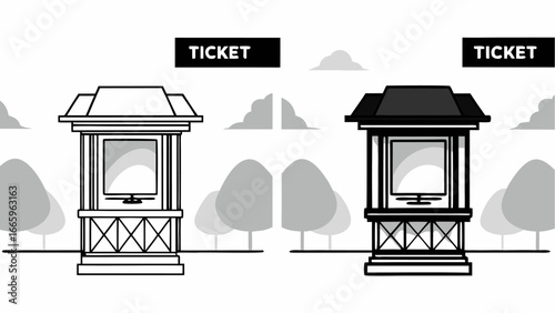 Illustration showing two ticket booths in a park setting, one in white and one in black with ticket signs