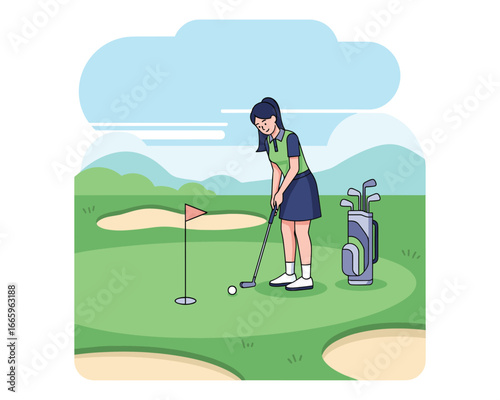 Golfing Elegance: A woman golfer poised gracefully, preparing to putt on a meticulously manicured green. This graphic illustration, captures the poise, focus, and serenity of a day on the links.