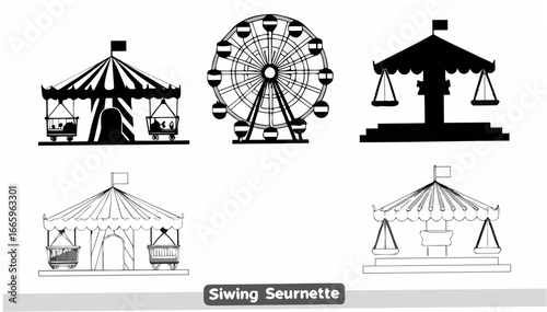 Illustration of a carnival theme park featuring a ferris wheel, carousel, and swing ride in black and white