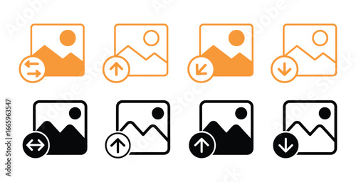 Vector art of collection of image upload and download icons in various styles, showcasing different arrow directions and transfer symbols, , ideal for web and graphic design projects
