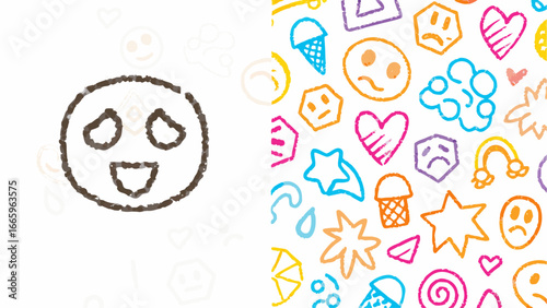 Drawing of a happy face with a visible mouth and eyes next to a pattern of colorful shapes and faces