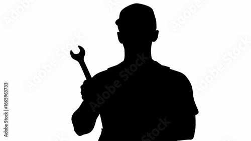 Silhouette of a mechanic in a cap holding a wrench up to the side with a white background design here