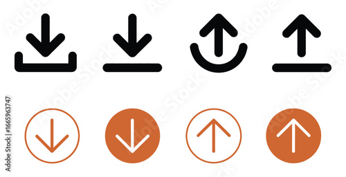 Illustration of download and upload icons in different styles, symbolizing data transfer, file sharing, and uploading or downloading content online