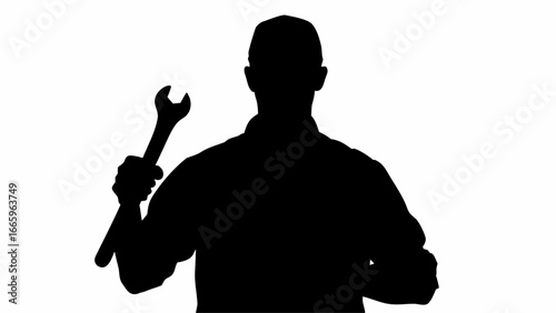 Silhouette of a man holding a wrench in his hand against a white background in a studio shot view