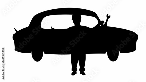 Silhouette of a car with a mechanic holding a wrench and a pen standing in front of the vehicle