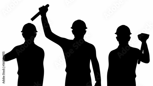 Silhouette of three construction workers with hard hats holding tools against a white background space