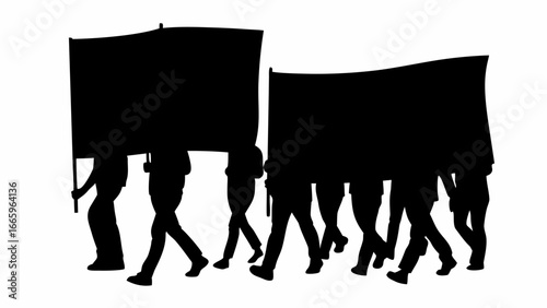 Silhouette of a group of people marching with banners in a protest or demonstration against injustice issues