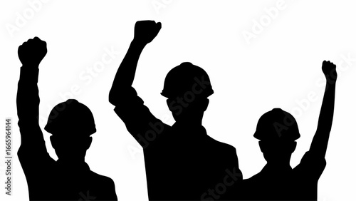 Silhouette of three construction workers with hard hats raising their fists in a sign of protest or celebration
