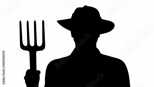 Silhouette of a farmer in a hat holding a pitchfork with a black and white background illustration