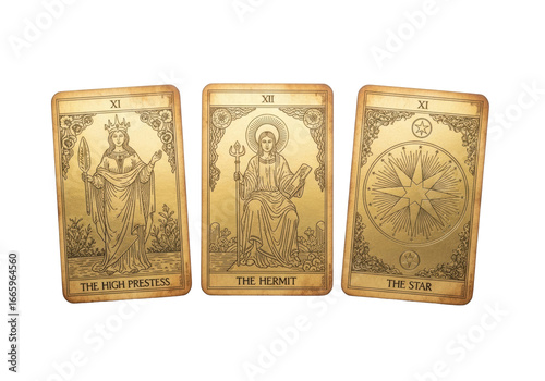 Ancient ornate 'High Priestess', 'Hermit', 'Star' tarot cards with shimmering gold foil on aged parchment, flat lay on a transparent background, concept of ancient wisdom