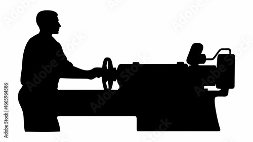 Silhouette of a man operating a woodworking lathe in a workshop setting with focused detail and contrast