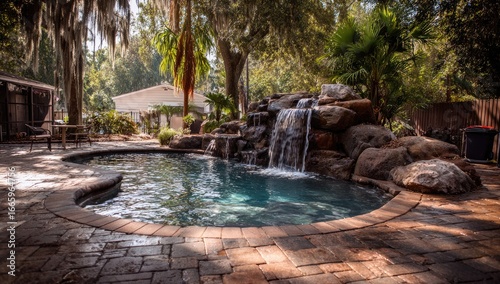 Backyard pool with waterfall feature. Lush landscaping surrounds the pool