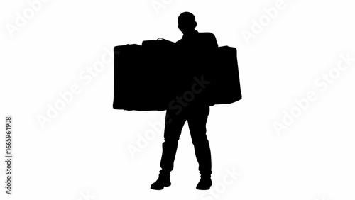 Silhouette of person carrying a large rectangular object in front of them on white background