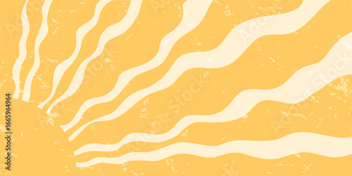 Groovy retro sun burst grunge background with wavy ray and orange wave shapes. Sunshine bursts and yellow sun form a y2k vibe. Horizontal image for artistic, trendy summer or vintage themes.