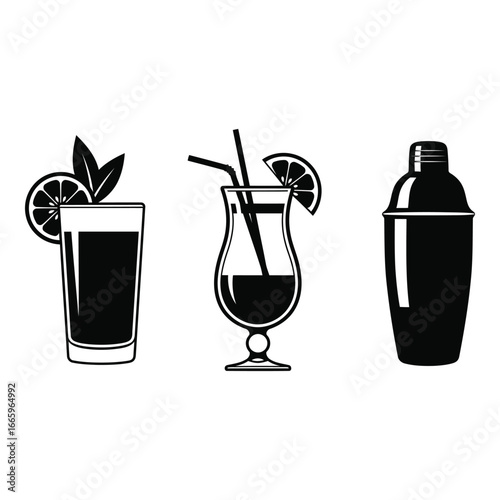 Refreshing Cocktail Icons Black and White Summer Drinks Illustration Bartender Equipment Fresh Fruit Design