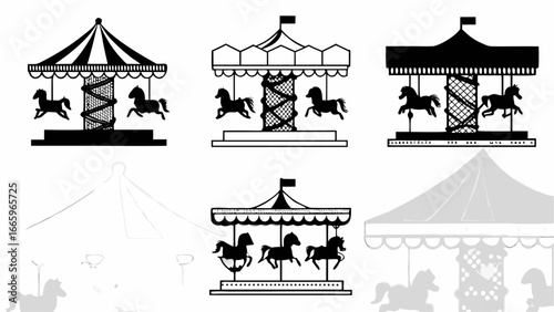 Illustrations of carousels with horses and striped canopies in black and white design elements style