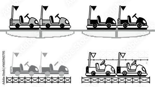 Illustration featuring four bumper car pairs in varying styles and grayscale tones on different backgrounds