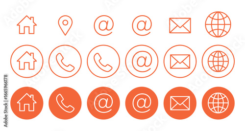Vector art of collection of orange contact icons home, location, email, mail, globe, and phone symbols for website, address, and business communication