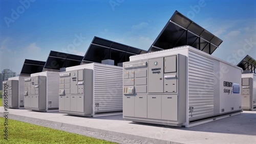 Group of energy storage systems or battery container units with solar panels 4k footage