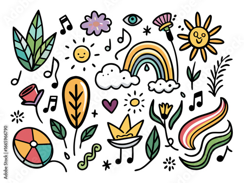 Whimsical doodle collection with sun rainbow flowers and music notes