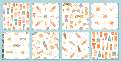 Flat seamless pattern with sunscreen bottle shapes and cream, sunblock, spf container and lotion. Set includes two bottles with sunglasses, sun hold for summer care, perfect for cosmetic product
