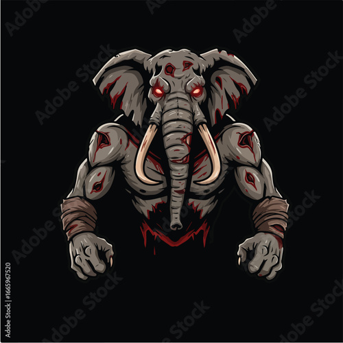 Powerful muscular elephant creature with glowing red eyes, sharp tusks, and bloody wounds on a dark background.