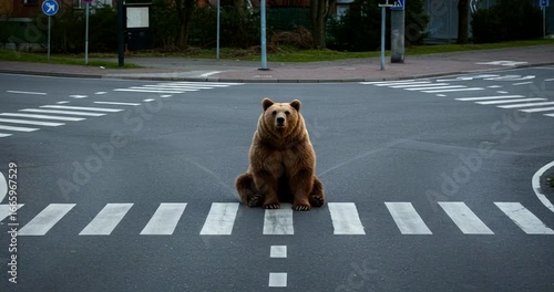 Bear Sitting on Crosswalk in Urban Environment