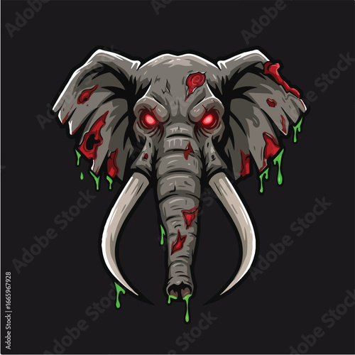 A menacing illustration of a zombie elephant head with glowing red eyes and dripping gore.
