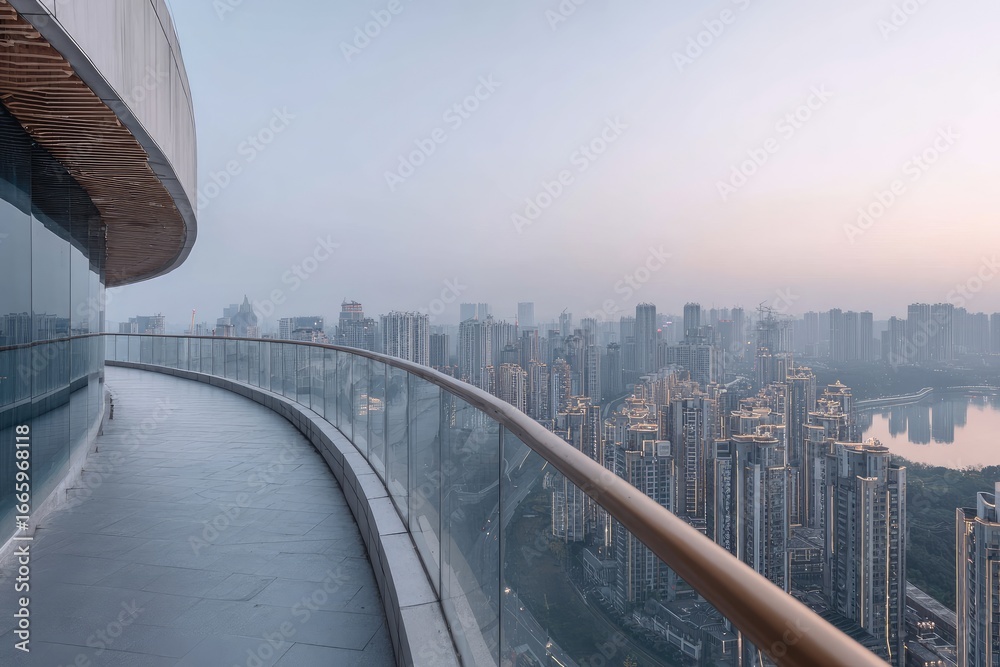 Obraz premium Curved balcony overlooking cityscape at dawn