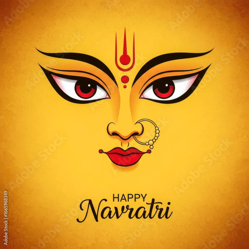 Illustration of durga maa face with red eyes and nose ring for happy navratri