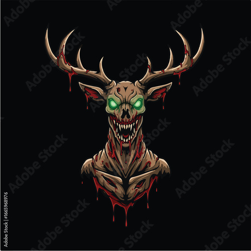 Glowing-eyed, bloody zombie deer head, monstrous antlers, dark background.