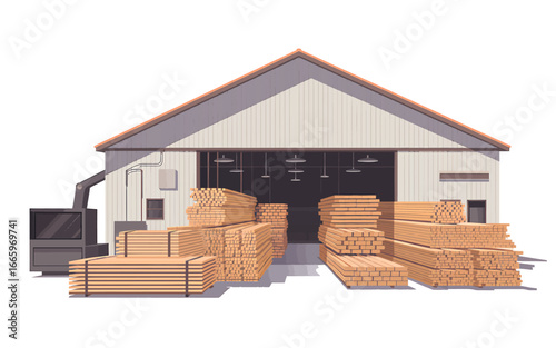 Lumberyard Scene with Stacks of Wood and Industrial Building in Stylized Illustration Design Perfect for Construction and Carpentry Themes