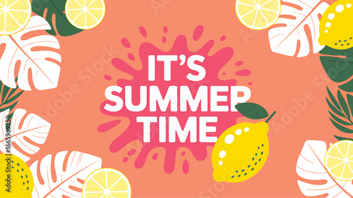 Bright and Cheerful Summer Time Illustration with Lemons and Tropical Leaves for Seasonal Designs and Marketing Materials