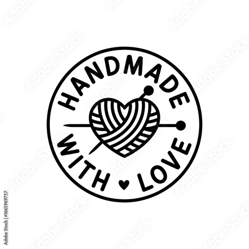Handmade with Love Label Featuring a Knitted Heart and Knitting Needle Graphic Design for Crafts and Homemade Items