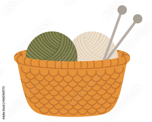 Knitting basket with wool balls and needles for cozy hobby and creative craft projects isolated on white background