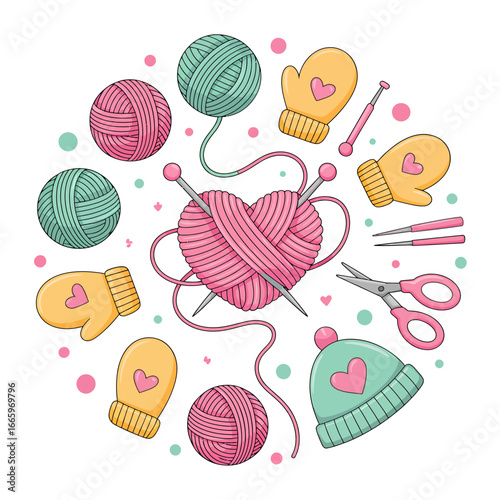 Knitting crafting elements vector set featuring yarn balls heart shaped yarn mittens hat knitting needles and scissors on white background