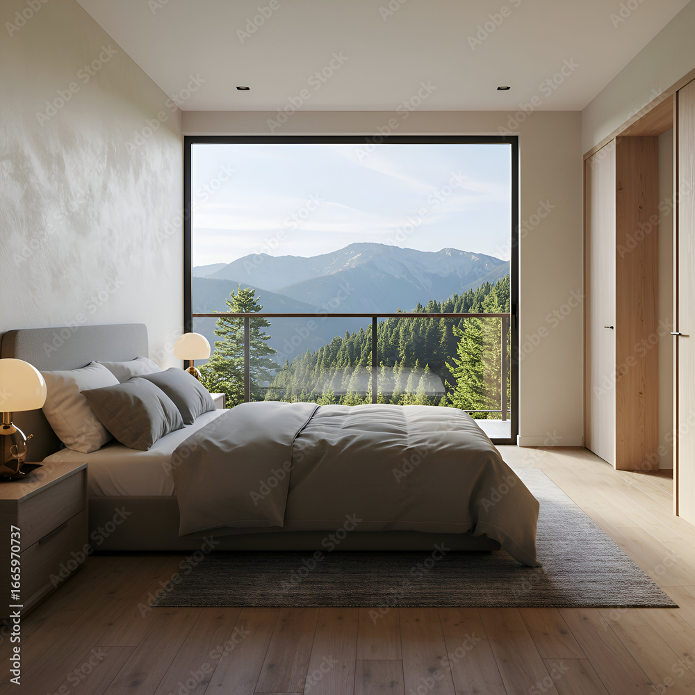 Fototapeta premium Modern mountain bedroom with panoramic view. A comfortable bed in a light-filled room, showcasing a stunning vista of the mountains and forest from a large window.