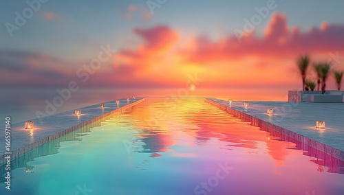 Colorful pool at sunset