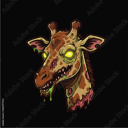 A gruesome illustration of a zombie giraffe head with glowing yellow eyes, sharp teeth, and rotting flesh.