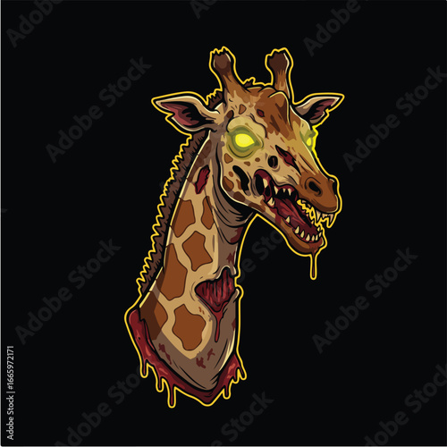 A gruesome illustration of a zombie giraffe head with glowing eyes and open mouth.
