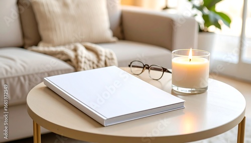 Wallpaper Mural Blank white book on table with candle and glasses for mockups or product presentation in warm cozy home Torontodigital.ca