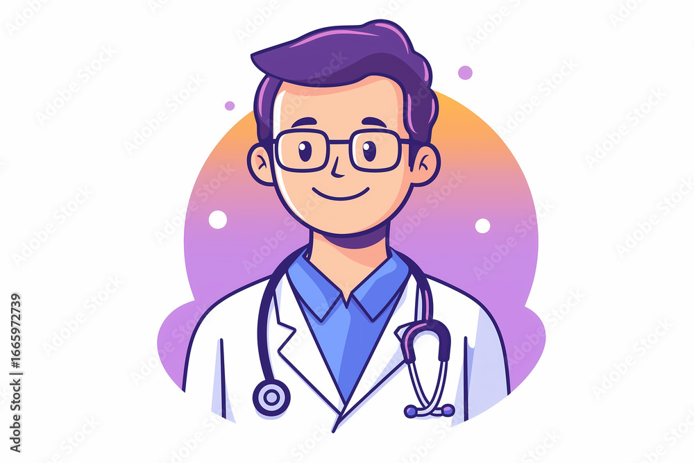 Fototapeta premium 2d logo illustration of a cartoon-style doctor wearing a coat & a stethoscope. Soothing colors, white background, flat design, vector style.