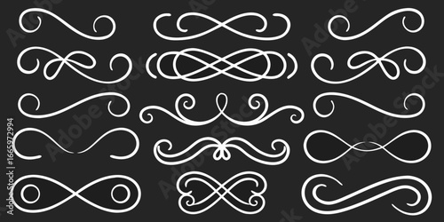 Elegant White Flourishes and Swirls on Black Background for Decoration and Design