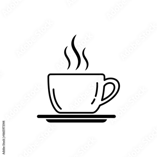 Vector art of simple line art icon of a steaming cup of coffee on a saucer