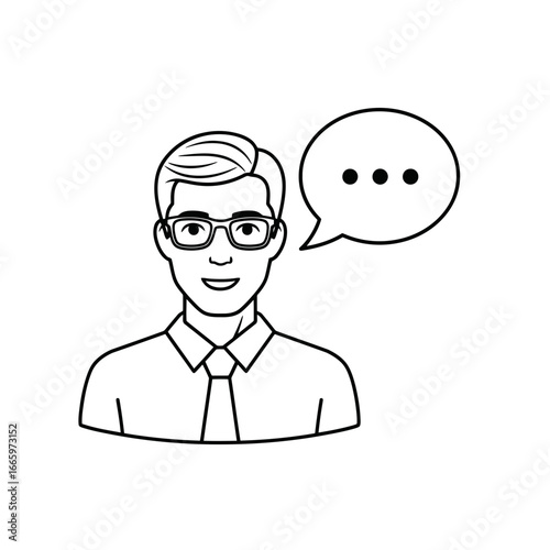 Vector art of line art illustration of a man wearing glasses and a tie, with a speech bubble containing ellipsis